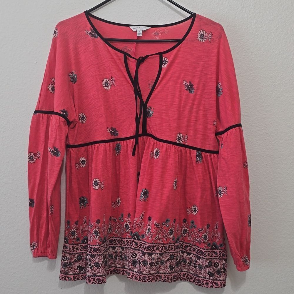 Lucky Brand Pink Border Print Peasant Top Sz M